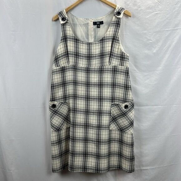 Mossimo Sheath Dress Large White Black Plaid Overall Wool Pockets Buttons School - Picture 1 of 12